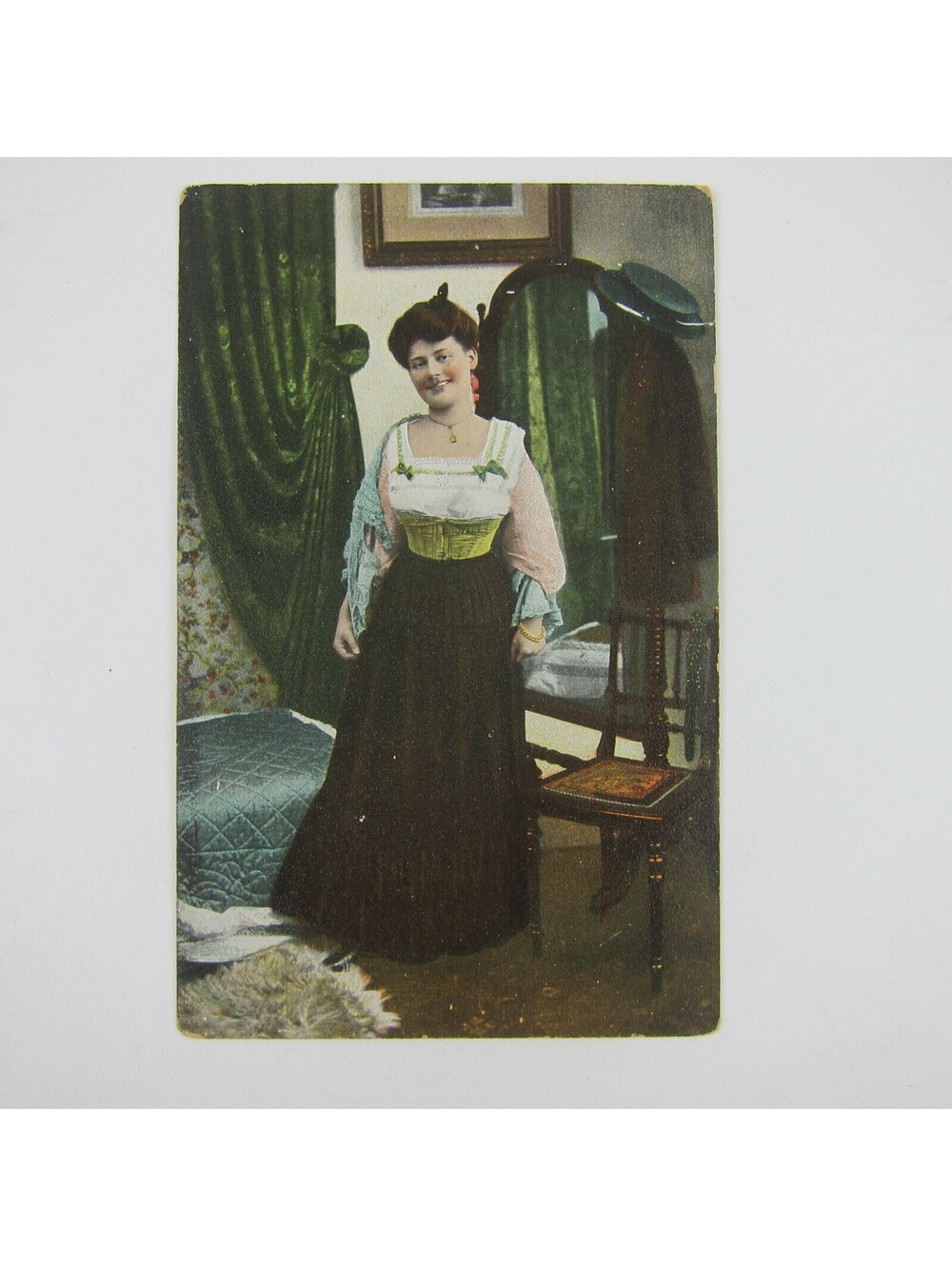 Postcard Risque French Woman Half Dressed in Bedroom Next to Mirror Antique